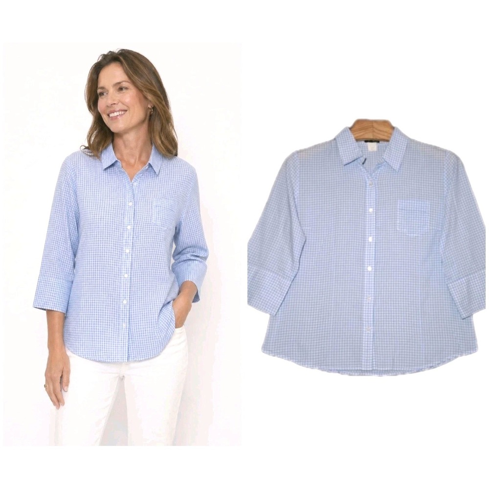 J. Crew Blue Gingham Cocktail Check Button Down Boxy Cotton Shirt Womens Large